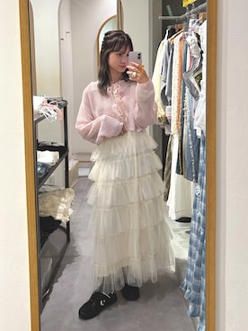 「w closet（ダブルクローゼット）のラメメッシュリボンボレロ カーディガン（ニット/セーター、ピンク系）」を使った、yunacode13さん（レディース・160cm）の夏コーディネート