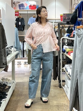 「GLOBAL WORK（グローバルワーク）のGOODデニムバギーパンツ/118365（デニムパンツ）」を使った、nibakeryさん（レディース・168cm・40代）の夏コーディネート