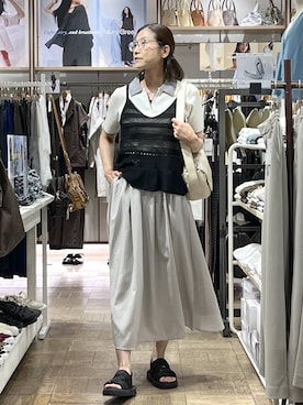 「GLOBAL WORK（グローバルワーク）のAiry Breezeフレアスカート/636606（スカート、ベージュ系）」を使った、nibakeryさん（レディース）の夏コーディネート