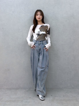 「ELENDEEK（エレンディーク）のブラードシャギースキンカットソー（Tシャツ/カットソー、ホワイト系）」を使った、MALINAさん（レディース・158cm）の夏コーディネート