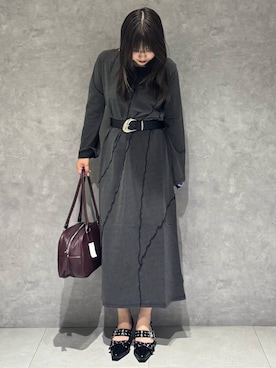 「PAGEBOY（ページボーイ）のサンドヴィンテージキリカエロングスリーブワンピース(長袖) 【ボートネック・ワンショルダー対応】（ワンピース）」を使った、アイさん（レディース・154cm）の秋コーディネート