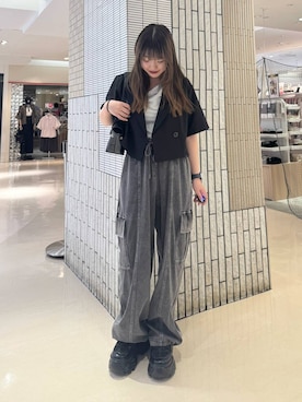 「PAGEBOY（ページボーイ）のフラップデザインショートジャケット（テーラードジャケット、ブラック系）」を使った、アイさん（レディース・154cm）の夏コーディネート