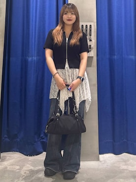「PAGEBOY（ページボーイ）のスリムレッグフレアデニム【4color/4size】（デニムパンツ、ブルー系）」を使った、アイさん（レディース・154cm）の春コーディネート