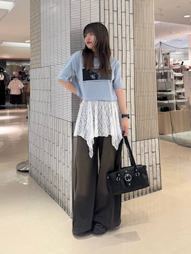「PAGEBOY（ページボーイ）の＜まるでデニム見え！/紫外線カット/接触冷感/ストレッチ＞マルデニメガレッグパンツ（デニムパンツ、ブラウン系）」を使った、アイさん（レディース・154cm）の夏コーディネート