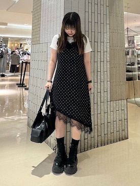 「PAGEBOY（ページボーイ）のレース×ドットキャミワンピース（チュニック、ブラック系）」を使った、アイさん（レディース・154cm）の夏コーディネート