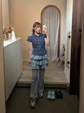 「SHEINのアイテム（シャツ/ブラウス、ブルー系）」を使った、𝘻𝘬𝘮さん（レディース・158cm）の夏コーディネート