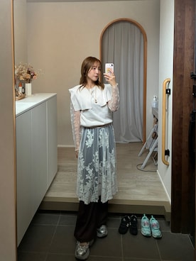 「しまむら（シマムラ）のアイテム（Tシャツ/カットソー、ホワイト系）」を使った、𝘻𝘬𝘮さん（レディース・158cm）の夏コーディネート
