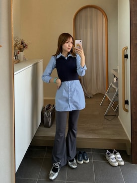 「SHEINのアイテム（ベスト、ブルー系）」を使った、𝘻𝘬𝘮さん（レディース・158cm）の春コーディネート