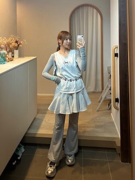 「SHEINのアイテム（スカート、グレー系）」を使った、𝘻𝘬𝘮さん（レディース・158cm）の夏コーディネート