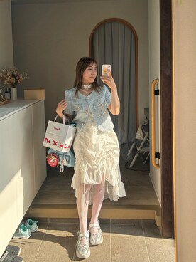 「SHEINのアイテム（ワンピース、ホワイト系）」を使った、𝘻𝘬𝘮さん（レディース・158cm）の夏コーディネート