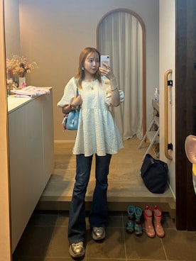 「しまむら（シマムラ）のアイテム（Tシャツ/カットソー、ホワイト系）」を使った、𝘻𝘬𝘮さん（レディース・158cm）の夏コーディネート