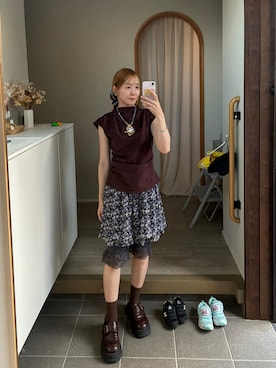 「古着のアイテム（スカート、ブルー系）」を使った、𝘻𝘬𝘮さん（レディース・158cm）の夏コーディネート