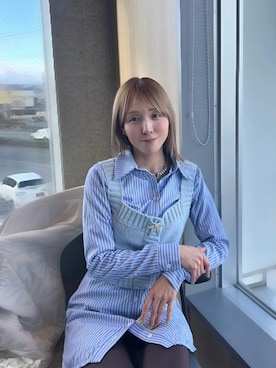 「SHEINのアイテム（シャツ/ブラウス、ブルー系）」を使った、𝘻𝘬𝘮さん（レディース・158cm）の春コーディネート