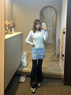 「SHEINのアイテム（シャツ/ブラウス、ブルー系）」を使った、𝘻𝘬𝘮さん（レディース・158cm）の春コーディネート