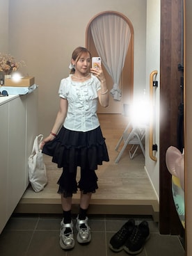 「古着のアイテム（スカート、ブラック系）」を使った、𝘻𝘬𝘮さん（レディース・158cm）の夏コーディネート