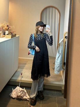 「古着のアイテム（ワンピース、ブラック系）」を使った、𝘻𝘬𝘮さん（レディース・158cm）の春コーディネート
