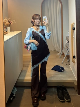「SHEINのアイテム（パンツ、ブラウン系）」を使った、𝘻𝘬𝘮さん（レディース・158cm）の夏コーディネート