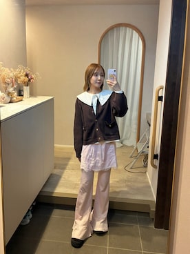 「しまむら（シマムラ）のアイテム（カーディガン/ボレロ、ブラウン系）」を使った、𝘻𝘬𝘮さん（レディース・158cm）の夏コーディネート