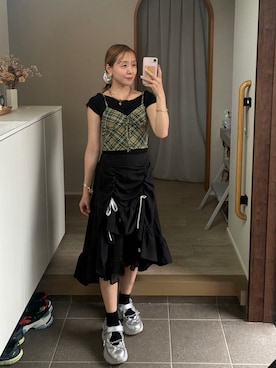 「古着のアイテム（スカート、ブラック系）」を使った、𝘻𝘬𝘮さん（レディース・158cm）の夏コーディネート