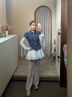 「古着のアイテム（スカート、ホワイト系）」を使った、𝘻𝘬𝘮さん（レディース・158cm）の夏コーディネート