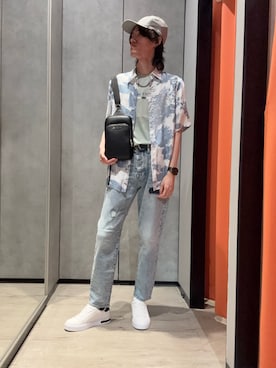 「ARMANI EXCHANGE（アルマーニエクスチェンジ）のアイテム（帽子）」を使った、mochimochi.Hさん（メンズ・183cm）の夏コーディネート