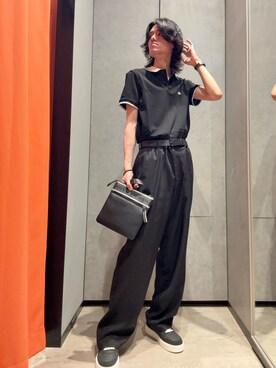 「ARMANI EXCHANGE（アルマーニエクスチェンジ）の【A|X アルマーニ エクスチェンジ】ロゴ オン バックネック 半袖ポロシャツ/SLIM（ポロシャツ、ブラック系）」を使った、mochimochi.Hさん（メンズ・183cm）の春コーディネート