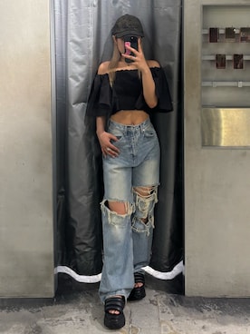 「EMODA（エモダ）のアイテム（キャップ）」を使った、本田祐美絵さん（レディース・154cm）の夏コーディネート