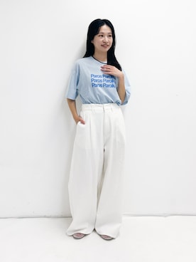 「URBAN RESEARCH（アーバンリサーチ）の『3サイズ展開』綿麻デニムイージーパンツ（デニムパンツ、ホワイト系）」を使った、miyuさん（レディース・157cm）の夏コーディネート