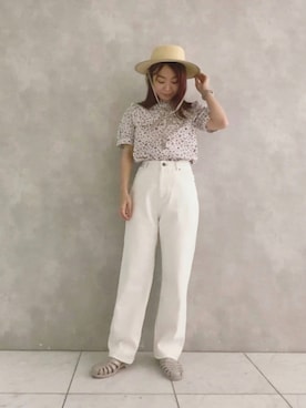 「カンカン帽」｜「アイテム（サンダル）」を使った、よしかわさん（レディース・151cm）の夏コーディネート