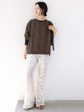 「SHIPS（シップス）の〈接触冷感 / UVカット / 手洗い可能〉ロング リブ ラウンド ヘム プルオーバー（Tシャツ/カットソー、ブルー系）」を使った、FUJITAさん（レディース・159cm）の夏コーディネート