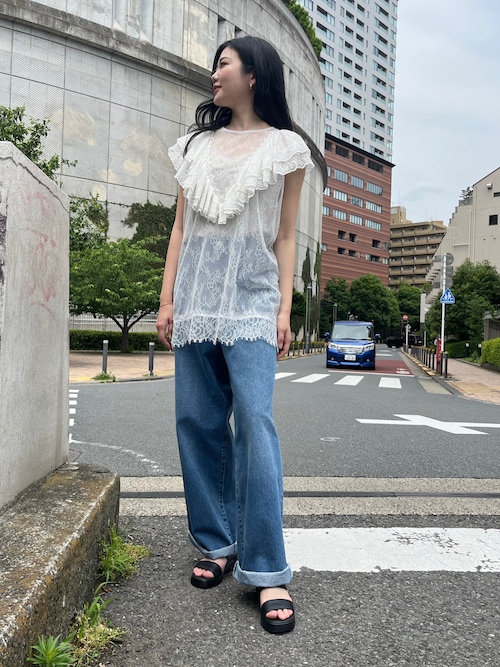 セール】オリジナル刺繍レースフリルノースリーブブラウス