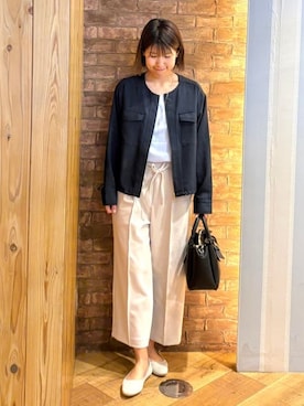 「SHOO・LA・RUE（シューラルー）の【高レビュー/S-LL/着丈選べる/洗濯後しわになりにくい】スマートに見えるイージーワイドパンツ（その他パンツ、ベージュ系）」を使った、ronさん（レディース・158cm）の春コーディネート