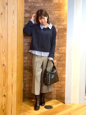 「SHOO・LA・RUE（シューラルー）の【S-LL/洗濯機可】一枚でレイヤード感が完成する シャツドッキング裏毛トップス（Tシャツ/カットソー、ブルー系）」を使った、ronさん（レディース・158cm）の秋コーディネート