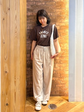 「SHOO・LA・RUE（シューラルー）の【綿100%/ひんやり/S-LL】選べる3柄 大人のプリントTシャツ（Tシャツ/カットソー、ブラウン系）」を使った、ronさん（レディース・158cm）の夏コーディネート
