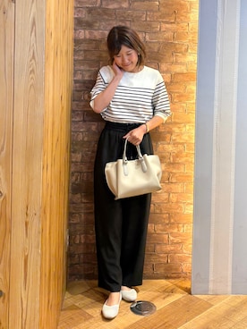 「SHOO・LA・RUE（シューラルー）の【毎日洗える/S-LL/ひんやり/UV】上半身すっきり 二の腕見せない5分袖ニット（ニット/セーター、ホワイト系）」を使った、ronさん（レディース・158cm）の春コーディネート
