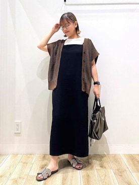 「アイテム（ベスト、ブラウン系）」を使った、ながせさん（レディース・156cm）の夏コーディネート