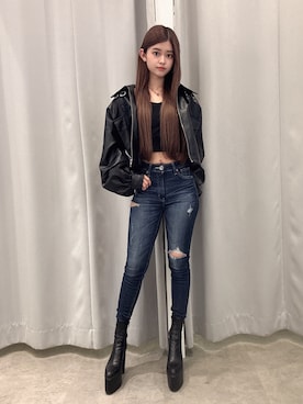 「GYDA（ジェイダ）のアイテム（ライダースジャケット）」を使った、Hitomiさん（レディース・150cm）の秋コーディネート
