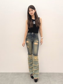 ハイウエストTIERED FRINGEフレアデニムパンツ ハイウエストTIERED