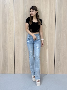 「GYDA（ジェイダ）のOVERLAP Gサイドレースショートトップス（Tシャツ/カットソー、ブラック系）」を使った、Hitomiさん（レディース・150cm）の夏コーディネート