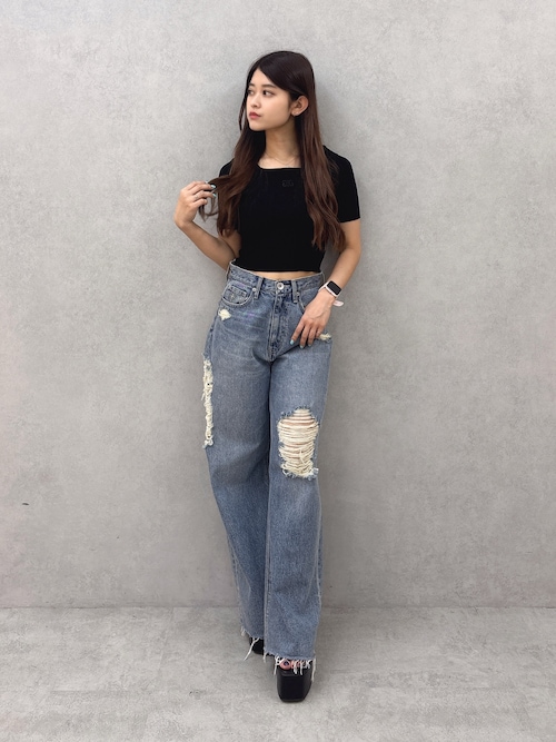 ハイウエストSIDE straight line damageワイドデニムパンツ