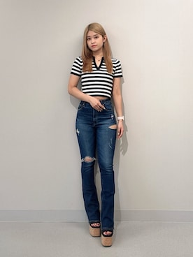 「GYDA（ジェイダ）のコルクチャンキーサンダル（サンダル、ブラック系）」を使った、Hitomiさん（レディース・150cm）の夏コーディネート
