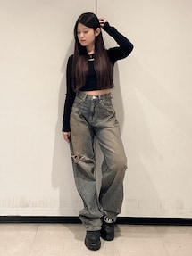 ハイウエストGG Stitch Barrel Leg ダメージデニムパンツ