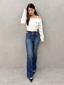 ハイウエストSIDE BELT CUTデザインフレアデニムパンツ