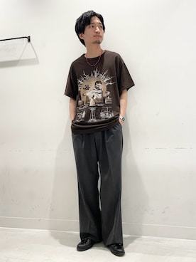 「URBAN RESEARCH（アーバンリサーチ）のCotton Expressions　TESLA T-SHIRTS（Tシャツ/カットソー、ブラウン系）」を使った、平田望夢さん（メンズ・172cm）の夏コーディネート