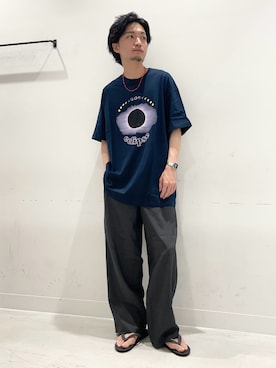 「URBAN RESEARCH（アーバンリサーチ）のCotton Expressions　SOLAR ECLIPSE T-SHIRTS（Tシャツ/カットソー、ブルー系）」を使った、平田望夢さん（メンズ・172cm）の夏コーディネート
