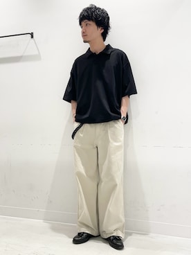 「URBAN RESEARCH（アーバンリサーチ）のWide Dad　BREEZY TECH ポロシャツ（ポロシャツ、ブラック系）」を使った、平田望夢さん（メンズ・172cm）の夏コーディネート