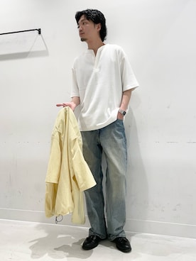 「URBAN RESEARCH Sonny Label（アーバンリサーチサニーレーベル）のワッフルヘンリーネックTシャツ（Tシャツ/カットソー、ホワイト系）」を使った、平田望夢さん（メンズ・172cm）の夏コーディネート