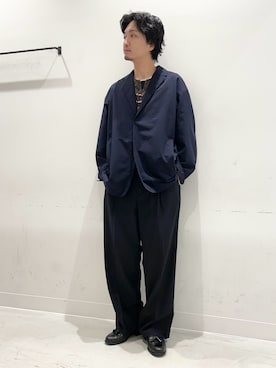 「EKAL（エカル）の『吸水速乾/通気性/軽量』DOT AIR JACKET（テーラードジャケット、ブルー系）」を使った、平田望夢さん（メンズ・172cm）の夏コーディネート