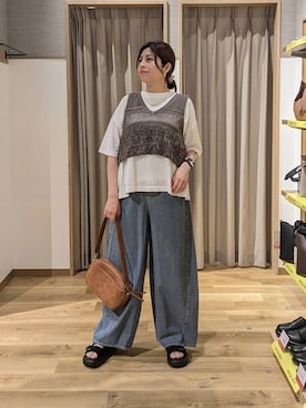 「studio CLIP（スタディオクリップ）のバギーバレルデニムパンツ[プチ・プラスサイズあり]《CLIP denim》（デニムパンツ、ブルー系）」を使った、emiclip1921さん（レディース・160cm）の春コーディネート