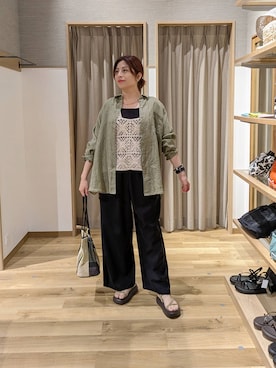 「studio CLIP（スタディオクリップ）のクロシェレースビスチェ（ベスト、ベージュ系）」を使った、emiclip1921さん（レディース・160cm）の夏コーディネート